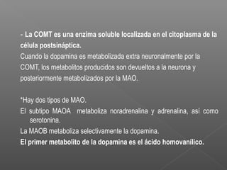 - La COMT es una enzima soluble localizada en el citoplasma de la
célula postsináptica.
Cuando la dopamina es metabolizada extra neuronalmente por la
COMT, los metabolitos producidos son devueltos a la neurona y
posteriormente metabolizados por la MAO.
*Hay dos tipos de MAO.
El subtipo MAOA metaboliza noradrenalina y adrenalina, así como
serotonina.
La MAOB metaboliza selectivamente la dopamina.
El primer metabolito de la dopamina es el ácido homovanílico.
 