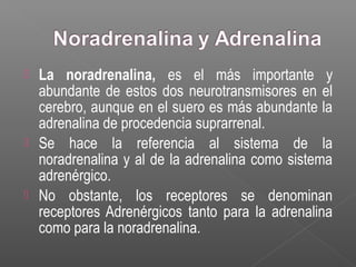 La noradrenalina, es el más importante y
abundante de estos dos neurotransmisores en el
cerebro, aunque en el suero es más abundante la
adrenalina de procedencia suprarrenal.
 Se hace la referencia al sistema de la
noradrenalina y al de la adrenalina como sistema
adrenérgico.
 No obstante, los receptores se denominan
receptores Adrenérgicos tanto para la adrenalina
como para la noradrenalina.
 