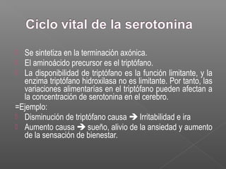  Se sintetiza en la terminación axónica.
 El aminoácido precursor es el triptófano.
 La disponibilidad de triptófano es la función limitante, y la
enzima triptófano hidroxilasa no es limitante. Por tanto, las
variaciones alimentarías en el triptófano pueden afectan a
la concentración de serotonina en el cerebro.
=Ejemplo:
 Disminución de triptófano causa  Irritabilidad e ira
 Aumento causa  sueño, alivio de la ansiedad y aumento
de la sensación de bienestar.
 