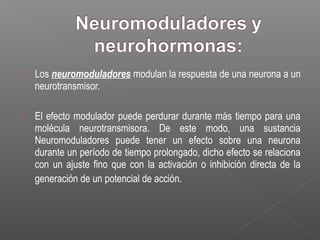  Los neuromoduladores modulan la respuesta de una neurona a un
neurotransmisor.
 El efecto modulador puede perdurar durante más tiempo para una
molécula neurotransmisora. De este modo, una sustancia
Neuromoduladores puede tener un efecto sobre una neurona
durante un período de tiempo prolongado, dicho efecto se relaciona
con un ajuste fino que con la activación o inhibición directa de la
generación de un potencial de acción.
 