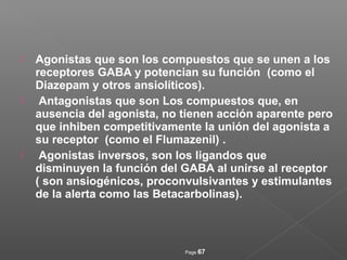  Agonistas que son los compuestos que se unen a los
receptores GABA y potencian su función (como el
Diazepam y otros ansiolíticos).
 Antagonistas que son Los compuestos que, en
ausencia del agonista, no tienen acción aparente pero
que inhiben competitivamente la unión del agonista a
su receptor (como el Flumazenil) .
 Agonistas inversos, son los ligandos que
disminuyen la función del GABA al unirse al receptor
( son ansiogénicos, proconvulsivantes y estimulantes
de la alerta como las Betacarbolinas).
Page 67
 