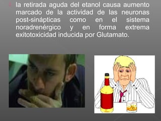  la retirada aguda del etanol causa aumento
marcado de la actividad de las neuronas
post-sinápticas como en el sistema
noradrenérgico y en forma extrema
exitotoxicidad inducida por Glutamato.
 