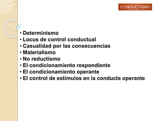 • Determinismo
• Locus de control conductual
• Casualidad por las consecuencias
• Materialismo
• No reductismo
• El condicionamiento respondiente
• El condicionamiento operante
• El control de estímulos en la conducta operante
CONDUCTISMO
 