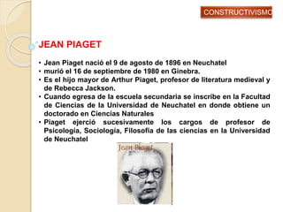 JEAN PIAGET
• Jean Piaget nació el 9 de agosto de 1896 en Neuchatel
• murió el 16 de septiembre de 1980 en Ginebra.
• Es el hijo mayor de Arthur Piaget, profesor de literatura medieval y
de Rebecca Jackson.
• Cuando egresa de la escuela secundaria se inscribe en la Facultad
de Ciencias de la Universidad de Neuchatel en donde obtiene un
doctorado en Ciencias Naturales
• Piaget ejerció sucesivamente los cargos de profesor de
Psicología, Sociología, Filosofía de las ciencias en la Universidad
de Neuchatel
CONSTRUCTIVISMO
 