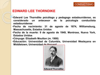 EDWARD LEE THORNDIKE
•Edward Lee Thorndike psicólogo y pedagogo estadounidense, es
considerado un antecesor de la psicología conductista
estadounidense
•Fecha de nacimiento: 31 de agosto de 1874, Williamsburg,
Massachusetts, Estados Unidos
•Fecha de la muerte: 9 de agosto de 1949, Montrose, Nueva York,
Estados Unidos
•Cónyuge: Elizabeth Moulton (m. 1900)
•Educación: Universidad de Columbia, Universidad Wesleyana en
Middletown, Universidad de Harvard
CONDUCTISMO
 