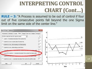 INTERPRETING CONTROL
CHART (Cont…)
14
RULE – 3: “A Process is assumed to be out of control if four
out of five consecutive points fall beyond the one Sigma
limit on the same side of the center line.”
 
