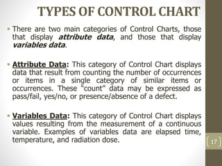 TYPES OF CONTROL CHART
17
 There are two main categories of Control Charts, those
that display attribute data, and those that display
variables data.
 Attribute Data: This category of Control Chart displays
data that result from counting the number of occurrences
or items in a single category of similar items or
occurrences. These “count” data may be expressed as
pass/fail, yes/no, or presence/absence of a defect.
 Variables Data: This category of Control Chart displays
values resulting from the measurement of a continuous
variable. Examples of variables data are elapsed time,
temperature, and radiation dose.
 