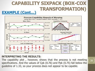 39
CAPABILITY SIXPACK (BOX-COX
TRANSFORMATION)
EXAMPLE (Cont…)
INTERPRETING THE RESULTS:
The capability plot , however, shows that the process is not meeting
specifications. And the values of Cpk (0.76) and Ppk (0.75) fall below the
guideline of 1.33, so your process does not appear to be capable.
 