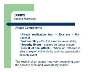 IDS/IPS
Attack Framework
Attack Components
• Attack realization tool – Example - Port
Scanner
• Vulnerability – Exploit a known vulnerability
• Security Event – actions on target system
• Result of the Attack - When an attacker is
able to exploit vulnerability and has generated a
security event
The results of an attack may vary depending upon
the security event and vulnerability chosen.
 