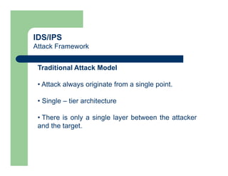 IDS/IPS
Attack Framework
Traditional Attack Model
• Attack always originate from a single point.
• Single – tier architecture
• There is only a single layer between the attacker
and the target.
 