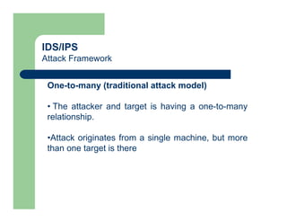 IDS/IPS
Attack Framework
One-to-many (traditional attack model)
• The attacker and target is having a one-to-many
relationship.
•Attack originates from a single machine, but more
than one target is there
 