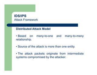 IDS/IPS
Attack Framework
Distributed Attack Model
• Based on many-to-one and many-to-many
relationship.
• Source of the attack is more than one entity.
• The attack packets originate from intermediate
systems compromised by the attacker.
 