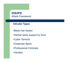 IDS/IPS
Attack Framework
Intruder Types
•Black Hat Hacker
•Hacker spies support by Govt
•Cyber Terrorist
•Corporate Spies
•Professional Criminals
•Vandals
 