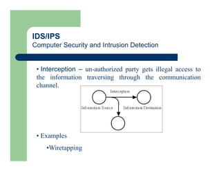 IDS/IPS
Computer Security and Intrusion Detection
• Interception – un-authorized party gets illegal access to
the information traversing through the communication
channel.
• Examples
•Wiretapping
 