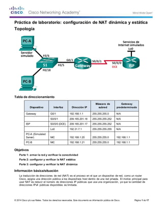 © 2014 Cisco y/o sus filiales. Todos los derechos reservados. Este documento es información pública de Cisco. Página 1 de 17
Práctica de laboratorio: configuración de NAT dinámica y estática
Topología
Tabla de direccionamiento
Dispositivo Interfaz Dirección IP
Máscara de
subred
Gateway
predeterminado
Gateway G0/1 192.168.1.1 255.255.255.0 N/A
S0/0/1 209.165.201.18 255.255.255.252 N/A
ISP S0/0/0 (DCE) 209.165.201.17 255.255.255.252 N/A
Lo0 192.31.7.1 255.255.255.255 N/A
PC-A (Simulated
Server) NIC 192.168.1.20 255.255.255.0 192.168.1.1
PC-B NIC 192.168.1.21 255.255.255.0 192.168.1.1
Objetivos
Parte 1: armar la red y verificar la conectividad
Parte 2: configurar y verificar la NAT estática
Parte 3: configurar y verificar la NAT dinámica
Información básica/situación
La traducción de direcciones de red (NAT) es el proceso en el que un dispositivo de red, como un router
Cisco, asigna una dirección pública a los dispositivos host dentro de una red privada. El motivo principal para
usar NAT es reducir el número de direcciones IP públicas que usa una organización, ya que la cantidad de
direcciones IPv4 públicas disponibles es limitada.
 