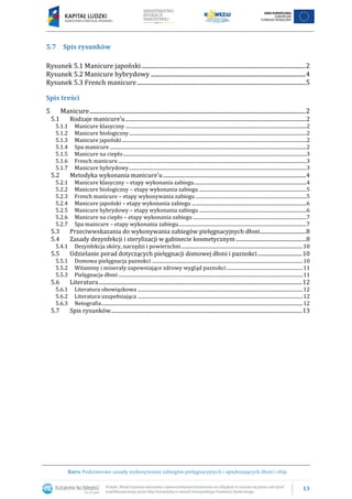 13
Kurs: Podstawowe zasady wykonywania zabiegów pielęgnacyjnych i upiększających dłoni i stóp
5.7 Spis rysunków
Rysunek 5.1 Manicure japoński..............................................................................................................2
Rysunek 5.2 Manicure hybrydowy ........................................................................................................4
Rysunek 5.3 French manicure.................................................................................................................5
Spis treści
5 Manicure.................................................................................................................................................2
5.1 Rodzaje manicure’u......................................................................................................................................2
5.1.1 Manicure klasyczny ......................................................................................................................................................2
5.1.2 Manicure biologiczny...................................................................................................................................................2
5.1.3 Manicure japoński.........................................................................................................................................................2
5.1.4 Spa manicure ...................................................................................................................................................................2
5.1.5 Manicure na ciepło........................................................................................................................................................3
5.1.6 French manicure............................................................................................................................................................3
5.1.7 Manicure hybrydowy...................................................................................................................................................3
5.2 Metodyka wykonania manicure’u..........................................................................................................4
5.2.1 Manicure klasyczny – etapy wykonania zabiegu.............................................................................................4
5.2.2 Manicure biologiczny – etapy wykonania zabiegu .........................................................................................5
5.2.3 French manicure – etapy wykonywania zabiegu ............................................................................................5
5.2.4 Manicure japoński – etapy wykonania zabiegu ...............................................................................................6
5.2.5 Manicure hybrydowy – etapy wykonania zabiegu .........................................................................................6
5.2.6 Manicure na ciepło – etapy wykonania zabiegu ..............................................................................................7
5.2.7 Spa manicure – etapy wykonania zabiegu..........................................................................................................7
5.3 Przeciwwskazania do wykonywania zabiegów pielęgnacyjnych dłoni..................................8
5.4 Zasady dezynfekcji i sterylizacji w gabinecie kosmetycznym ....................................................8
5.4.1 Dezynfekcja skóry, narzędzi i powierzchni.....................................................................................................10
5.5 Udzielanie porad dotyczących pielęgnacji domowej dłoni i paznokci.................................10
5.5.1 Domowa pielęgnacja paznokci .............................................................................................................................10
5.5.2 Witaminy i minerały zapewniające zdrowy wygląd paznokci ...............................................................11
5.5.3 Pielęgnacja dłoni.........................................................................................................................................................11
5.6 Literatura.......................................................................................................................................................12
5.6.1 Literatura obowiązkowa .........................................................................................................................................12
5.6.2 Literatura uzupełniająca .........................................................................................................................................12
5.6.3 Netografia.......................................................................................................................................................................12
5.7 Spis rysunków..............................................................................................................................................13
 