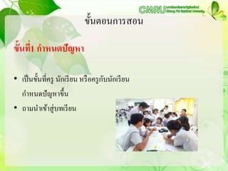 ขั้นตอนการสอน
ขั้นที่1 กาหนดปัญหา
• เป็นขั้นที่ครู นักเรียน หรือครูกับนักเรียน
กาหนดปัญหาขึ้น
• ถามนาเข้าสู่บทเรียน
 