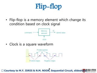 Flip-flop
• Flip-flop is a memory element which change its
condition based on clock signal
• Clock is a square waveform
7
□ Courtesy to M.Y. IDRIS & N.M. NOOR, Sequential Circuit, slideshare.
 