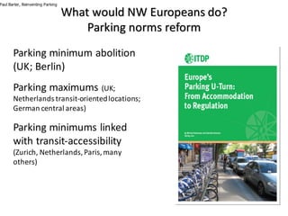 What	would	NW	Europeans	do?	
Parking	norms	reform
Parking	minimum	abolition	
(UK;	Berlin)
Parking	maximums	(UK;	
Netherlands	transit-oriented	locations;	
German	central	areas)
Parking	minimums	linked	
with	transit-accessibility	
(Zurich,	Netherlands,	Paris,	many	
others)
Paul Barter, Reinventing Parking
 