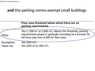 Floor area threshold below which there are no
parking requirements
Tokyo
Yes (1,500 m2 or 2,000 m2). Above the threshold, parking
requirements phase in gradually according to a formula. At
full force only from 6,000 m2 floor area.
Guangzhou Yes (500 m2)
Taipei city Yes (300 m2 or 500 m2)
and the	parking	norms	exempt	small	buildings
Paul Barter, Reinventing Parking
 