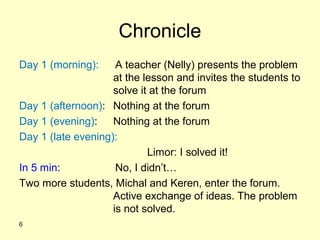 Chronicle
Day 1 (morning): A teacher (Nelly) presents the problem
at the lesson and invites the students to
solve it at the forum
Day 1 (afternoon): Nothing at the forum
Day 1 (evening): Nothing at the forum
Day 1 (late evening):
Limor: I solved it!
In 5 min: No, I didn’t…
Two more students, Michal and Keren, enter the forum.
Active exchange of ideas. The problem
is not solved.
6
 
