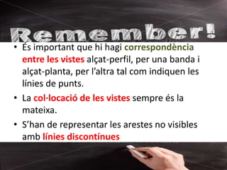 • És important que hi hagi correspondència
entre les vistes alçat-perfil, per una banda i
alçat-planta, per l’altra tal com indiquen les
línies de punts.
• La col·locació de les vistes sempre és la
mateixa.
• S’han de representar les arestes no visibles
amb línies discontínues
03tecnologies_pepporca
 