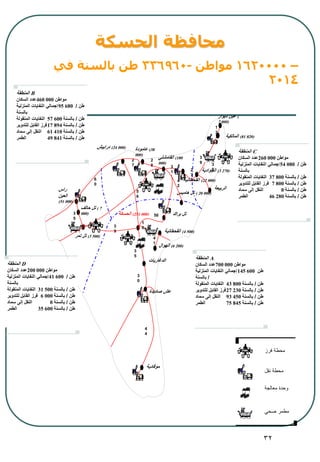 32
‫الحسكة‬ ‫محافظة‬
–1620000‫مواطن‬-336960‫في‬ ‫بالسنة‬ ‫طن‬
2014
‫المالكية‬ (81 820)
‫الحسكة‬ (251 000)
‫عامودة‬ (38
000)
‫صاديدة‬ ‫عش‬
‫تمر‬ ‫تل‬ (3 500)
‫القامشلي‬ (180
000)
‫ديوار‬ ‫عين‬ (
7 000)
‫حالف‬ ‫تل‬ ( 7
000)
‫راس‬
‫العين‬
(51 000)
‫الدغاريات‬
‫الهوال‬ (6 200)
‫القحطانية‬ (4 500)
‫الربيعة‬
‫براك‬ ‫تل‬
‫درابيش‬ (24 000)
3
9
2
7
2
8
2
7
50
4
2
1
3
3
0
3
5
6
0
4
1
5
6
‫المنطقة‬ A
‫السكان‬ ‫007عدد‬ 000 ‫مواطن‬
‫المنزلية‬ ‫النفايات‬ ‫إجمالي‬145 600 ‫طن‬
/‫بالسنة‬
‫المنقولة‬ ‫النفايات‬ 43 800 ‫طن‬/‫بالسنة‬
‫للتدوير‬ ‫القابل‬ ‫فرز‬27 230 ‫طن‬/‫بالسنة‬
‫سماد‬ ‫إلى‬ ‫النقل‬ 93 450 ‫طن‬/‫بالسنة‬
‫الطمر‬ 75 845 ‫طن‬/‫بالسنة‬
‫المنطقة‬ C
‫السكان‬ ‫062عدد‬ 000 ‫مواطن‬
‫المنزلية‬ ‫النفايات‬ ‫إجمالي‬54 080 ‫طن‬/
‫بالسنة‬
‫المنقولة‬ ‫النفايات‬ 37 800 ‫طن‬/‫بالسنة‬
‫للتدوير‬ ‫القابل‬ ‫فرز‬ 7 800 ‫طن‬/‫بالسنة‬
‫سماد‬ ‫إلى‬ ‫النقل‬ 0 ‫طن‬/‫بالسنة‬
‫الطمر‬ 46 280 ‫طن‬/‫بالسنة‬
‫المنطقة‬ B
‫السكان‬ ‫064عدد‬ 000 ‫مواطن‬
‫المنزلية‬ ‫النفايات‬ ‫إجمالي‬95 680 ‫طن‬/
‫بالسنة‬
‫المنقولة‬ ‫النفايات‬ 57 600 ‫طن‬/‫بالسنة‬
‫للتدوير‬ ‫القابل‬ ‫فرز‬17 894 ‫طن‬/‫بالسنة‬
‫سماد‬ ‫إلى‬ ‫النقل‬ 61 410 ‫طن‬/‫بالسنة‬
‫الطمر‬ 49 841 ‫طن‬/‫بالسنة‬
‫المنطقة‬ D
‫السكان‬ ‫002عدد‬ 000 ‫مواطن‬
‫المنزلية‬ ‫النفايات‬ ‫إجمالي‬41 600 ‫طن‬/
‫بالسنة‬
‫المنقولة‬ ‫النفايات‬ 31 500 ‫طن‬/‫بالسنة‬
‫للتدوير‬ ‫القابل‬ ‫فرز‬ 6 000 ‫طن‬/‫بالسنة‬
‫سماد‬ ‫إلى‬ ‫النقل‬ 0 ‫طن‬/‫بالسنة‬
‫الطمر‬ 35 600 ‫طن‬/‫بالسنة‬
1
0
‫هاميس‬ ‫تل‬ ( 20 000)
‫القحطانية‬ (22 000)
‫الجوادية‬ (3 270)
3
1
‫موقادية‬
3
9
3
5
3
0
4
4
‫معالجة‬ ‫وحدة‬
‫صحي‬ ‫مطمر‬
‫نقل‬ ‫محطة‬
‫فرز‬ ‫محطة‬
 