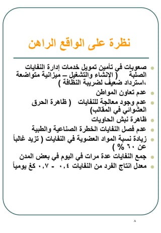 8
‫نظرة‬‫على‬‫الراهن‬ ‫الواقع‬
‫النفايات‬ ‫إدارة‬ ‫خدمات‬ ‫تمويل‬ ‫تأمين‬ ‫في‬ ‫صعوبات‬
‫الصلبة‬(‫والتشغيل‬ ‫اإلنشاء‬–‫متواضعة‬ ‫ميزانية‬
،‫النظافة‬ ‫لضريبة‬ ‫ضعيف‬ ‫استرداد‬)
‫المواطن‬ ‫تعاون‬ ‫عدم‬
‫للنفايات‬ ‫معالجة‬ ‫وجود‬ ‫عدم‬(‫الحرق‬ ‫ظاهرة‬
‫المقالب‬ ‫في‬ ‫العشوائي‬)
‫الحاويات‬ ‫نبش‬ ‫ظاهرة‬
‫والطبية‬ ‫الصناعية‬ ‫الخطرة‬ ‫النفايات‬ ‫فصل‬ ‫عدم‬
‫النفايات‬ ‫في‬ ‫العضوية‬ ‫المواد‬ ‫نسبة‬ ‫زيادة‬(ً‫ا‬‫غالب‬ ‫تزيد‬
‫عن‬60) %
‫المدن‬ ‫بعض‬ ‫في‬ ‫اليوم‬ ‫في‬ ‫مرات‬ ‫عدة‬ ‫النفايات‬ ‫جمع‬
‫النفايات‬ ‫من‬ ‫الفرد‬ ‫انتاج‬ ‫معدل‬0.4-0.7ً‫ا‬‫يومي‬ ‫كغ‬
 