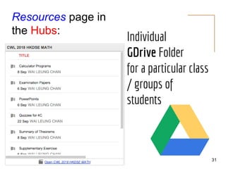 31
Individual
GDrive Folder
for a particular class
/ groups of
students
Resources page in
the Hubs:
 