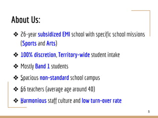 About Us:
❖ 26-year subsidized EMI school with specific school missions
(Sports and Arts)
❖ 100% discretion, Territory-wid...