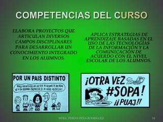 ELABORA PROYECTOS QUE
ARTICULAN DIVERSOS
CAMPOS DISCIPLINARES
PARA DESARROLLAR UN
CONOCIMIENTO INTEGRADO
EN LOS ALUMNOS.
APLICA ESTRATEGIAS DE
APRENDIZAJE BASADAS EN EL
USO DE LAS TECNOLOGÍAS
DE LA INFORMACIÓN Y LA
COMUNICACIÓN DE
ACUERDO CON EL NIVEL
ESCOLAR DE LOS ALUMNOS.
MTRA. TERESA PEÑA RODRIGUEZ. 14
 