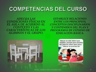 ADECUA LAS
CONDICIONES FÍSICAS EN
EL AULA DE ACUERDO AL
CONTEXTO Y LAS
CARACTERÍSTICAS DE LOS
ALUMNOS Y EL GRUPO.
ESTABLECE RELACIONES
ENTRE LOS PRINCIPIOS,
CONCEPTOS DISCIPLINARIOS
Y CONTENIDOS DEL PLAN Y
PROGRAMAS DE ESTUDIO DE
EDUCACIÓN BÁSICA.
MTRA. TERESA PEÑA RODRIGUEZ. 9
 