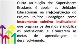 Outra atribuição dos Supervisores
Escolares é apoiar as Unidades
Educacionais na (re)construção do
Projeto Político Pedagógico como
instrumento coletivo institucional
que organiza os desafios e mobiliza
os profissionais a alcançarem as
metas de aprendizagem e
desenvolvimento.
 