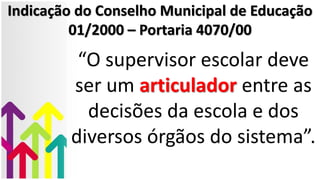 Indicação do Conselho Municipal de Educação
01/2000 – Portaria 4070/00
“O supervisor escolar deve
ser um articulador entre as
decisões da escola e dos
diversos órgãos do sistema”.
 