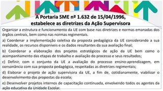 A Portaria SME nº 1.632 de 15/04/1996,
estabelece as diretrizes da Ação Supervisora
Organizar a estrutura e funcionamento da UE com base nas diretrizes e normas emanadas dos
órgãos centrais, bem como nas normas regimentais.
a) Coordenar a implementação coletiva da proposta pedagógica da UE considerando a sua
realidade, os recursos disponíveis e os dados resultantes da sua avaliação final;
b) Coordenar a elaboração dos projetos estratégicos de ação da UE bem como o
acompanhamento das etapas de trabalho e avaliação do processo e seus resultados;
c) Definir, com o conjunto da UE a avaliação do processo ensino-aprendizagem, em
consonância com sua proposta pedagógica, respeitadas as diretrizes regimentais;
d) Elaborar o projeto de ação supervisora da UE, a fim de, cotidianamente, viabilizar o
desenvolvimento das propostas da escola;
e) Desenvolver projetos internos de capacitação continuada, envolvendo todos os agentes da
ação educativa da Unidade Escolar.
 