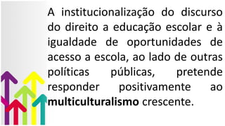 A institucionalização do discurso
do direito a educação escolar e à
igualdade de oportunidades de
acesso a escola, ao lado de outras
políticas públicas, pretende
responder positivamente ao
multiculturalismo crescente.
 