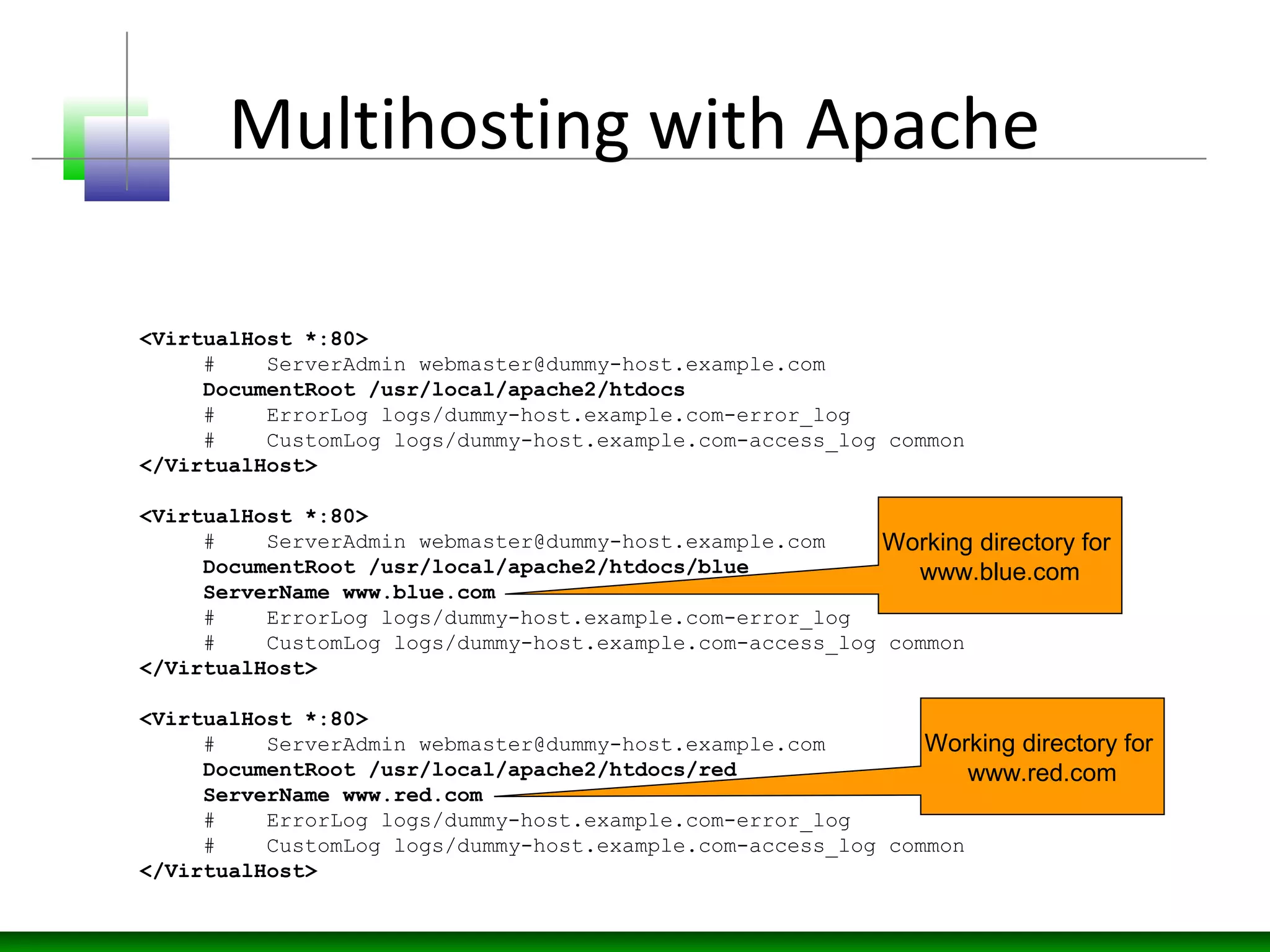 Multihosting with Apache
• Apache’s httpd.conf
<VirtualHost *:80>
# ServerAdmin webmaster@dummy-host.example.com
DocumentRoot /usr/local/apache2/htdocs
# ErrorLog logs/dummy-host.example.com-error_log
# CustomLog logs/dummy-host.example.com-access_log common
</VirtualHost>
<VirtualHost *:80>
# ServerAdmin webmaster@dummy-host.example.com
DocumentRoot /usr/local/apache2/htdocs/blue
ServerName www.blue.com
# ErrorLog logs/dummy-host.example.com-error_log
# CustomLog logs/dummy-host.example.com-access_log common
</VirtualHost>
<VirtualHost *:80>
# ServerAdmin webmaster@dummy-host.example.com
DocumentRoot /usr/local/apache2/htdocs/red
ServerName www.red.com
# ErrorLog logs/dummy-host.example.com-error_log
# CustomLog logs/dummy-host.example.com-access_log common
</VirtualHost>
Working directory for
www.blue.com
Working directory for
www.red.com