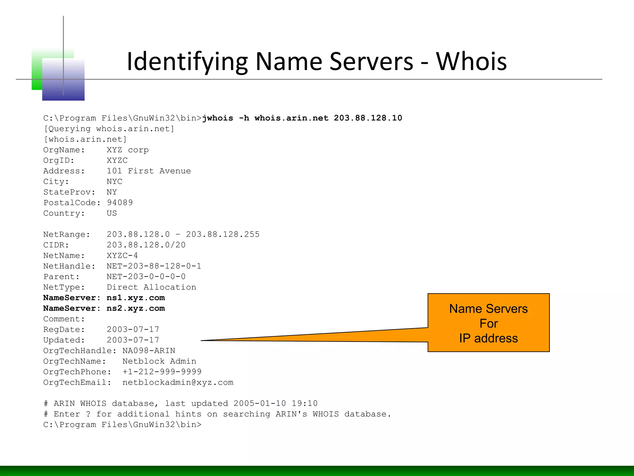 Identifying Name Servers - Whois
C:Program FilesGnuWin32bin>jwhois -h whois.arin.net 203.88.128.10
[Querying whois.arin.net]
[whois.arin.net]
OrgName: XYZ corp
OrgID: XYZC
Address: 101 First Avenue
City: NYC
StateProv: NY
PostalCode: 94089
Country: US
NetRange: 203.88.128.0 – 203.88.128.255
CIDR: 203.88.128.0/20
NetName: XYZC-4
NetHandle: NET-203-88-128-0-1
Parent: NET-203-0-0-0-0
NetType: Direct Allocation
NameServer: ns1.xyz.com
NameServer: ns2.xyz.com
Comment:
RegDate: 2003-07-17
Updated: 2003-07-17
OrgTechHandle: NA098-ARIN
OrgTechName: Netblock Admin
OrgTechPhone: +1-212-999-9999
OrgTechEmail: netblockadmin@xyz.com
# ARIN WHOIS database, last updated 2005-01-10 19:10
# Enter ? for additional hints on searching ARIN's WHOIS database.
C:Program FilesGnuWin32bin>
Name Servers
For
IP address
 