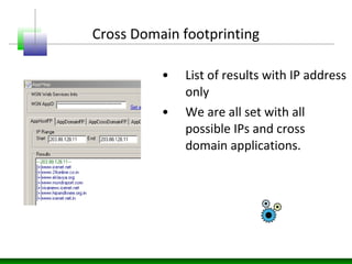 Cross Domain footprinting
• List of results with IP address
only
• We are all set with all
possible IPs and cross
domain applications.
 