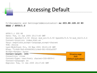 Accessing Default
HTTP/1.1 200 OK
Date: Tue, 11 Jan 2005 20:17:40 GMT
Server: Apache/2.0.50 (Unix) mod_ssl/2.0.50 OpenSSL/0.9.7d mod_jk2/2.0.4
Content-Location: index.html.en
Vary: negotiate,accept-language,accept-charset
TCN: choice
Last-Modified: Fri, 04 May 2001 00:01:18 GMT
ETag: "1c4d0-5b0-40446f80;1c4e6-961-8562af00"
Accept-Ranges: bytes
Content-Length: 1456
Connection: close
Content-Type: text/html; charset=ISO-8859-1
Content-Language: en
Expires: Tue, 11 Jan 2005 20:17:40 GMT
C:Documents and SettingsAdministrator> nc 203.88.128.10 80
HEAD / HTTP/1.0
Showing page
Size
(Default application)
 