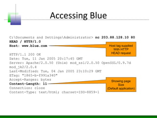 Accessing Blue
HTTP/1.1 200 OK
Date: Tue, 11 Jan 2005 20:17:45 GMT
Server: Apache/2.0.50 (Unix) mod_ssl/2.0.50 OpenSSL/0.9.7d
mod_jk2/2.0.4
Last-Modified: Tue, 04 Jan 2005 23:10:29 GMT
ETag: "1865-b-f991a340"
Accept-Ranges: bytes
Content-Length: 11
Connection: close
Content-Type: text/html; charset=ISO-8859-1
C:Documents and SettingsAdministrator> nc 203.88.128.10 80
HEAD / HTTP/1.0
Host: www.blue.com
Showing page
Size
(Default application)
Host tag supplied
With HTTP
HEAD request
 
