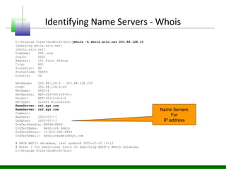 Identifying Name Servers - Whois
C:Program FilesGnuWin32bin>jwhois -h whois.arin.net 203.88.128.10
[Querying whois.arin.net]
[whois.arin.net]
OrgName: XYZ corp
OrgID: XYZC
Address: 101 First Avenue
City: NYC
StateProv: NY
PostalCode: 94089
Country: US
NetRange: 203.88.128.0 – 203.88.128.255
CIDR: 203.88.128.0/20
NetName: XYZC-4
NetHandle: NET-203-88-128-0-1
Parent: NET-203-0-0-0-0
NetType: Direct Allocation
NameServer: ns1.xyz.com
NameServer: ns2.xyz.com
Comment:
RegDate: 2003-07-17
Updated: 2003-07-17
OrgTechHandle: NA098-ARIN
OrgTechName: Netblock Admin
OrgTechPhone: +1-212-999-9999
OrgTechEmail: netblockadmin@xyz.com
# ARIN WHOIS database, last updated 2005-01-10 19:10
# Enter ? for additional hints on searching ARIN's WHOIS database.
C:Program FilesGnuWin32bin>
Name Servers
For
IP address
 