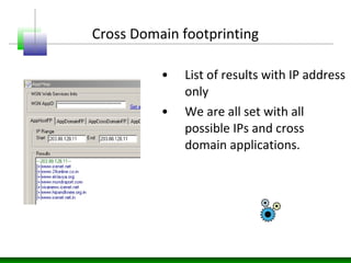 Cross Domain footprinting
• List of results with IP address
only
• We are all set with all
possible IPs and cross
domain a...