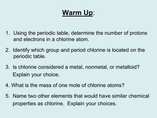 Warm Up:
1. Using the periodic table, determine the number of protons
and electrons in a chlorine atom.
2. Identify which group and period chlorine is located on the
periodic table.
3. Is chlorine considered a metal, nonmetal, or metalloid?
Explain your choice.
4. What is the mass of one mole of chlorine atoms?
5. Name two other elements that would have similar chemical
properties as chlorine. Explain your choices.
 
