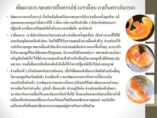 พัฒนาการ-ของทารกในครรภ์ช่วง9เดือนภายในครรภ์มารดา
• พัฒนาการทารกในครรภ์ นั้นเริ่มนับตั้งแต่วันแรกของการมีประจาเดือนครั้งสุดท้าย แม้
คุณหมอจะบอกคุณว่าตั้งครรภ์ได้ 1 เดือน แต่ความเป็นจริงคือ 2 สัปดาห์หลังจากการ
ปฏิสนธิ การตั้งครรภ์โดยปกตินั้นมีระยะเวลาเฉลี่ยคือ 40 สัปดาห์
• 1 เดือนแรก (3 สัปดาห์นับจากวันแรกของประจาเดือนครั้งสุดท้าย) เป็นช่วงเวลาที่ไข่ได้
ผสมกับอสุจิกลายเป็นตัวอ่อน โดยไข่ที่ได้รับการผสมแล้วจะเคลื่อนตัวช้าๆ ผ่านท่อนาไข่
มายังโพรงมดลูก ขณะเคลื่อนตัวก็จะมีการแบ่งเซลล์เพิ่มจานวนมากขึ้นเรื่อยๆ จะกระทั่ง
ถึงโพรงมดลูกไข่จะมีลักษณะเป็นลูกกลม ประกอบไปด้วยเซลล์ราว 100 เซลล์ และยังคง
เจริญเติบโตต่อไป ไข่ที่ผ่านการผสมแล้วจะฝังตัวลงในเยื่อบุโพรงมดลูกซึ่งมีลักษณะนุ่ม
และหนา จนเมื่อยึดเกาะติดมั่นคงดีแล้วจึงถือได้ว่าการปฏิสนธิเป็นไปอย่างสมบูรณ์
• ช่วงเดือนที่ 2 (เริ่มสังเกตเห็นทารกชัดเจน) เมื่อไข่ที่ผสมแล้วยึดเกาะติดฝังตัวลงในเยื่อบุ
โพรงมดลูกเรียบร้อยดีแล้ว ช่วงเดือนที่ 2 ของพัฒนาการทารกในครรภ์นี้ทารกเริ่ม
มองเห็นเป็นตัวแล้ว การพัฒนาการของทารกในครรภ์สังเกตได้อย่างชัดเจนจากหัวของ
ทารกที่จะโตกว่าส่วนอื่น รูปหน้า มือและเท้า ปรากฎให้เห็น ช่วงปลายเดือนถ้าอัลตรา
ซาวด์จะเห็นการเคลื่อนไหวและจับการเต้นหัวใจได้ ทั้งมองเห็นสายรกโดยรกนี้ทาหน้าที่
เสมือนเป็นปอดแลกเปลี่ยนคาร์บอนไดออกไซด์กับออกซิเจนจากคุณแม่ และยังเป็น
เสมือนสายใยที่คอยลาเลียงอาหารจากคุณแม่สู่ทารกในครรภ์อีกด้วย
 