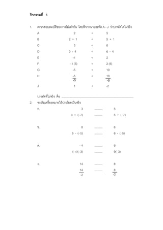 กิจกรรมที่ 5
1. ตรวจสอบสมบัติของการไม่เท่ากัน โดยพิจารณาบรรทัด A - J ว่าบรรทัดใดไม่จริง
A 2 < 5
B 2 + 1 < 5 + 1
C 3 < 6
D 3 - 4 < 6 - 4
E -1 < 2
F -1 (5) < 2 (5)
G -5 < 10
H -5 < 10
J 1 < -2
บรรทัดที่ไม่จริง คือ ...........................................................................................
2. จงเติมเครื่องหมายให้ประโยคเป็นจริง
ก. 3 5
3 + (- 7) 5 + (- 7)
ข. 8 6
8 - (- 5) 6 - (- 5)
ค. - 4 9
(- 4)(- 3) 9(- 3)
ง. 14 8
14 8
..........
..........
..........
..........
..........
..........
..........
..........
-5 -5
-2 -2
 
