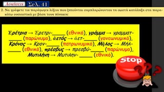 Ἐρέτρια → Ἐρετρι-____ (εθνικό), γράμμα → γραμματ-
____ (παρώνυμο), ἀετός → ἀετ-____ (γονεωνυμικό),
Κρόνος → Κρον-____ (πατρωνυμικό), Μῆλος → Μήλ-
____ (εθνικό), πρέσβυς → πρεσβύ-____ (παρώνυμο),
Μυτιλήνη → Μυτιλην- ____ (εθνικό).
 