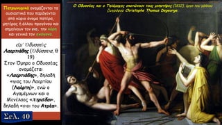 Ο Οδυσσέας και ο Τηλέμαχος σκοτώνουν τους μνηστήρες (1812), έργο του γάλλου
ζωγράφου Christophe Thomas Degeorge.
Πατρωνυμικά ονομάζονται τα
ουσιαστικά που παράγονται
από κύριο όνομα πατέρα,
μητέρας ή άλλου προγόνου και
σημαίνουν τον γιο, την κόρη
και γενικά τον απόγονο.
εἴμ᾿ Ὀδυσσεὺς
Λαερτιάδης (Ὀδύσσεια, θ
19)
Στον Όμηρο ο Οδυσσέας
ονομάζεται
«Λαερτιάδης», δηλαδή
«γιος του Λαερτίου
(Λαέρτη)», ενώ ο
Αγαμέμνων και ο
Μενέλαος «Ἀτρεῖδαι»,
δηλαδή «γιοι του Ατρέα».
 