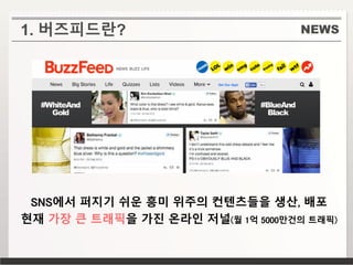NEWS
SNS에서 퍼지기 쉬운 흥미 위주의 컨텐츠들을 생산, 배포
현재 가장 큰 트래픽을 가진 온라인 저널(월 1억 5000만건의 트래픽)
1. 버즈피드란?
 