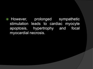  However, prolonged sympathetic
stimulation leads to cardiac myocyte
apoptosis, hypertrophy and focal
myocardial necrosis.
 